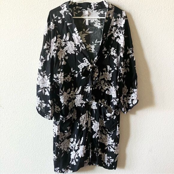 Spiritual Gangster Maya Black Floral Boho Casual Hippie Tie Waist Robe Kimono OS - Picture 5 of 10